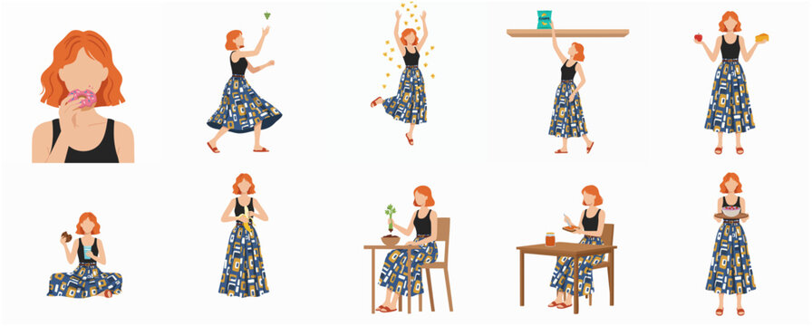 Set of Flat Design Illustrations of a Red Haired Woman Engaged in Various Activities and Enjoying Treats