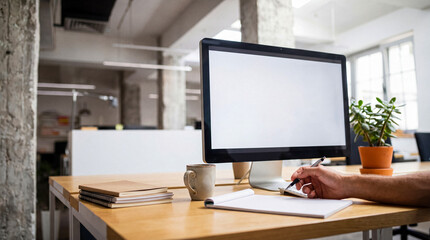 Fototapeta premium Focused professional diligently working, writing notes at a modern office desk with a blank computer screen.