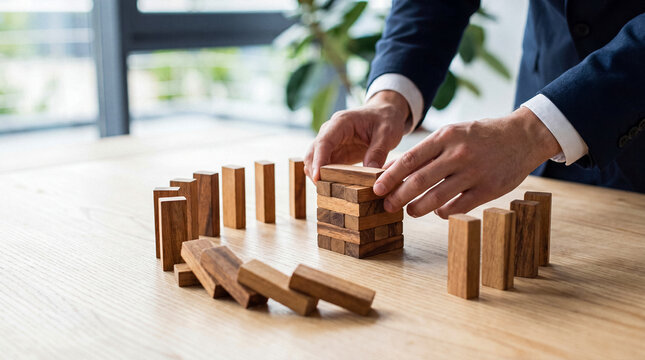 Hands carefully construct a new structure from wooden blocks, symbolizing business recovery and strategic rebuilding.