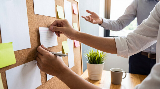 Creative business professionals brainstorming ideas on a cork board, planning strategy with team collaboration.