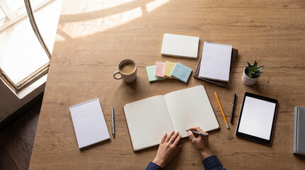 Overhead shot of female hands writing notes in an open blank notebook on a wooden office desk with supplies. © Christine