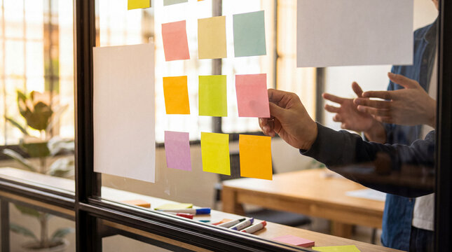 Hands arranging colorful sticky notes on a glass wall during a creative business brainstorming meeting in an office.