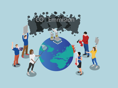 Global Warming Concept with CO2 Emissions, Nuclear Power, and Climate Change Activism 3d isometric vector illustration