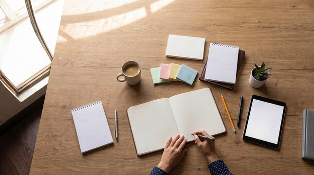 Overhead shot of female hands writing notes in an open blank notebook on a wooden office desk with supplies.