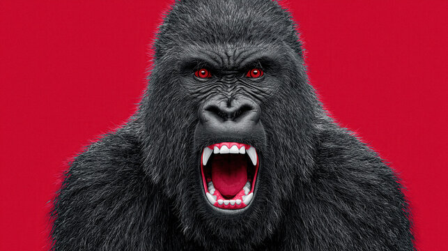 Fierce roaring silverback gorilla portrait with glowing red eyes against a solid red background created with Generative AI Technology, ai, generative