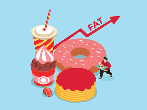 Unhealthy Diet and Weight Gain Concept with Junk Food and Rising Fat Arrow 3d isometric vector illustration