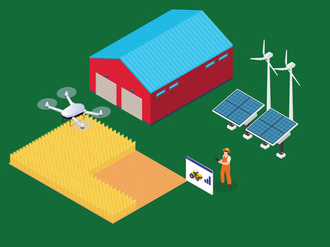 Smart Agriculture Concept with Drone, Solar Panels, and Wind Turbines on a Modern Farm 3d isometric vector illustration
