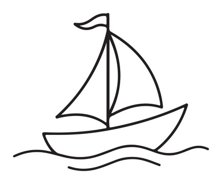 Minimalist Sailing Boat on Ocean Waves Hand Drawn Line Art Illustration for Coloring Pages Educational Worksheets and Nautical Themed Graphic Designs