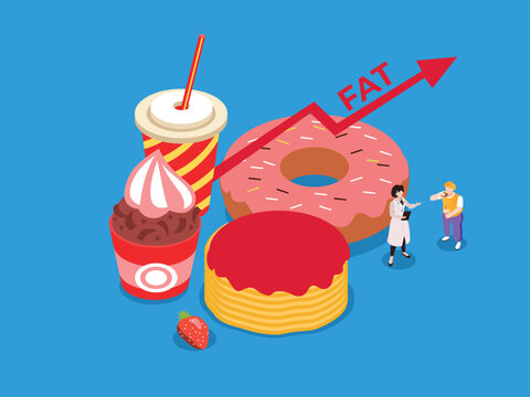Doctor Advising Patient on Unhealthy Diet and Weight Gain with Junk Food and Fat Graph 3d isometric vector illustration