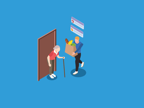Volunteer Delivering Groceries to Elderly Woman at Home Doorway with Service App Interface 3d isometric vector illustration