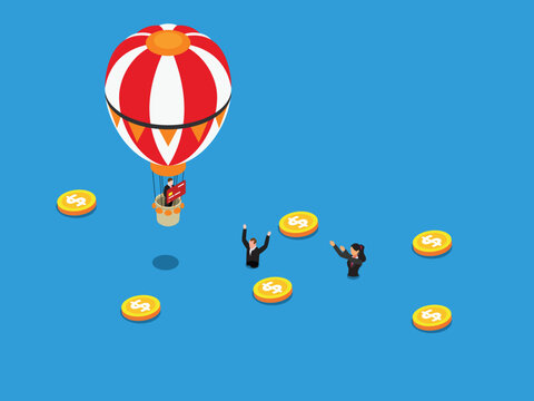 Financial Concept of Businessman in Hot Air Balloon Rising Above People Drowning in Debt 3d isometric vector illustration