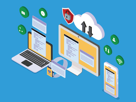 Cloud Computing and Cross Platform Data Sync Concept with Computer Laptop and Smartphone 3d isometric vector illustration