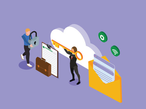 Data Security and Cloud Computing Concept with Business People Holding Key and Padlock 3d isometric vector illustration