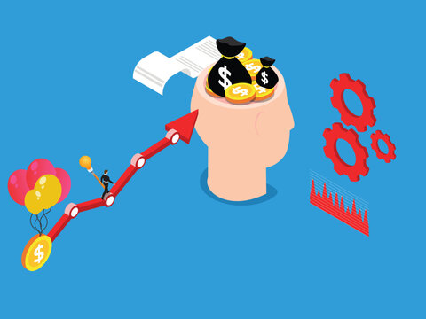 Financial Mindset Concept with Human Head Filled with Money and Growth Graph Arrow 3d isometric vector illustration