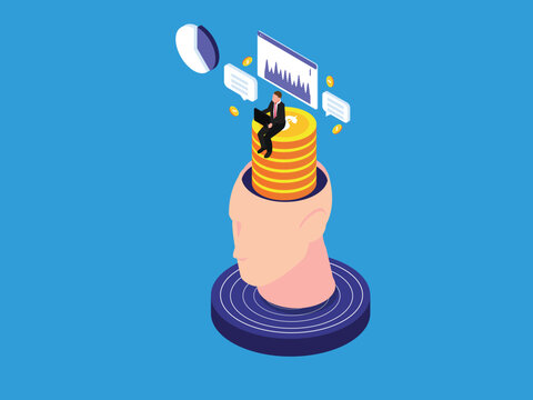 Financial Intelligence and Stock Market Analysis Concept with Businessman Sitting on Coins in Human Head 3d isometric vector illustration