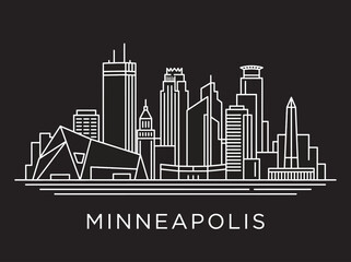 Fototapeta premium Minneapolis Minnesota City Skyline Minimalist White Line Art Illustration on Black Background