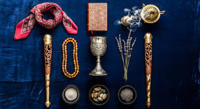 Mystical ritual objects arranged on dark blue velvet background featuring ornate wooden wands silver chalice incense burner and dried lavender sprigs for meditation
