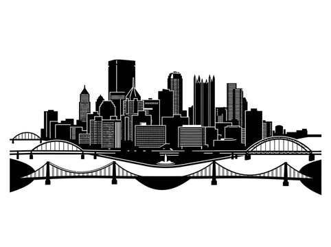 Pittsburgh Skyline Silhouette, Pennsylvania Cityscape Vector Illustration with Iconic Bridges and Skyscrapers
