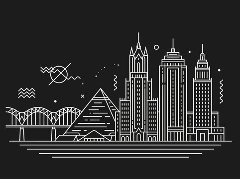 Modern Memphis Tennessee City Skyline Line Art with Abstract Geometric Elements and Hernando de Soto Bridge on Black Background