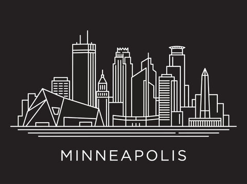 Minneapolis Minnesota City Skyline Minimalist White Line Art Illustration on Black Background