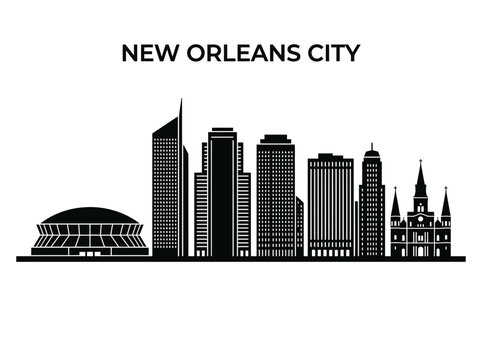 New Orleans City Skyline Silhouette Vector Illustration - Black and White Louisiana NOLA Landmarks featuring Superdome and St. Louis Cathedral