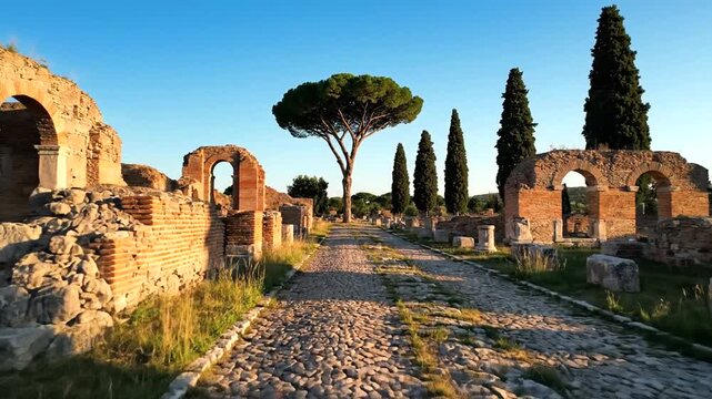 Ancient Roman ruins at Ostia Antica archeological site.