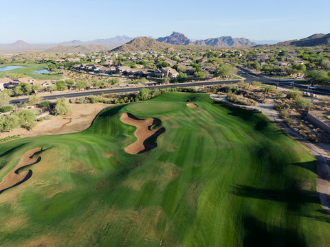 An aerial view of a desert golf course in Arizona.