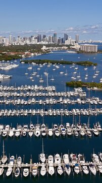 Aerial view of Miami marina and skyline