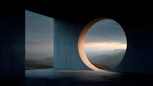 Modern concrete architecture with a large circular window framing a misty hills view