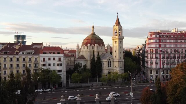 Aerial landscape view of The Church of San Manuel y San Benito (Iglesia de San Manuel y San Benito), a Catholic church located in Madrid, Spain