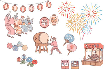 日本の夏祭りイラストセット（透過）花火大会