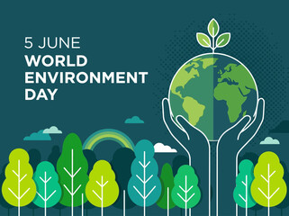 Obraz premium World Environment Day June 5 Concept Illustration with Hands Holding Earth Globe and Green Trees Nature Background