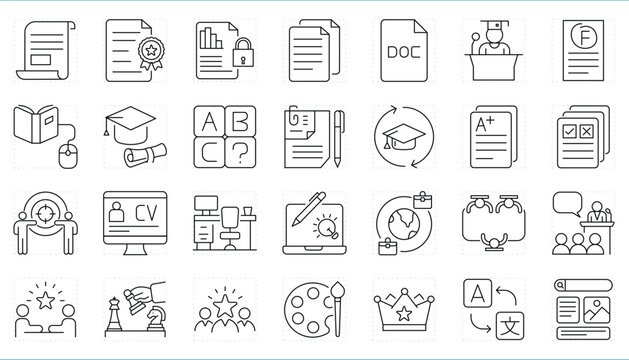 Curriculum Vitae related editable stroke line icons set.