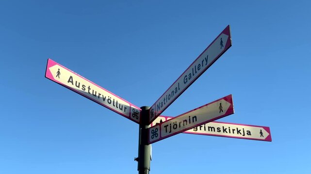 Metal Sign With Street Names In Reykjavik, Iceland. Isolated Against A Blue Sky Background, Close Up Shot.
