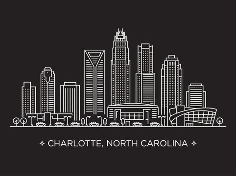 Charlotte North Carolina Cityscape Skyline Minimalist Line Art Vector Illustration on Dark Background