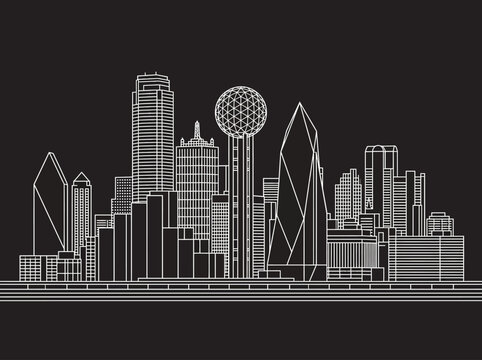 Dallas Texas Skyline Minimalist White Line Art Illustration. Modern Vector Outline of Downtown Dallas Cityscape on Dark Background.