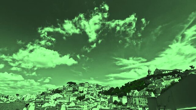 Lisbon old town viewpoint over rooftops. Skyline cityscape time lapse facing Alfama, Graca, Anjos and Martim Moniz neighbourhoods. Historic centre terracotta roofs. Portugal time-lapse, green render