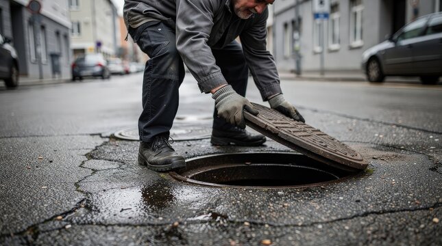 A worker wearing gloves lifts a manhole cover on a wet street in an urban setting with cars and buildings in the background.