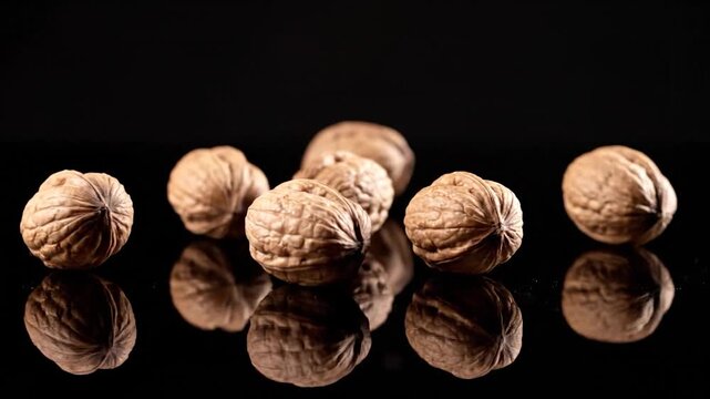 Several brown, textured, shelled food items are falling and landing on a reflective, dark surface, creating a visually appealing composition