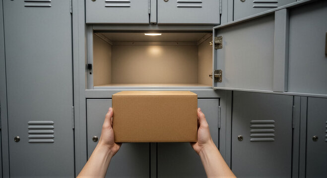 Persons hands holding a cardboard box in front of an open, lit parcel locker for delivery or pickup in a grey metal locker room