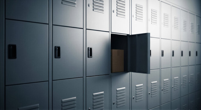 Row of gray metal lockers in a hallway with one open door revealing a brown cardboard box inside, storage and security concept