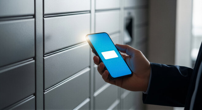 Close up of person using mobile phone app to open electronic locker smart storage system and contactless delivery technology concept