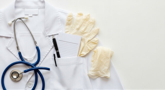 White doctors lab coat with blue stethoscope, pen, notepad and latex gloves on light background for medical healthcare concept