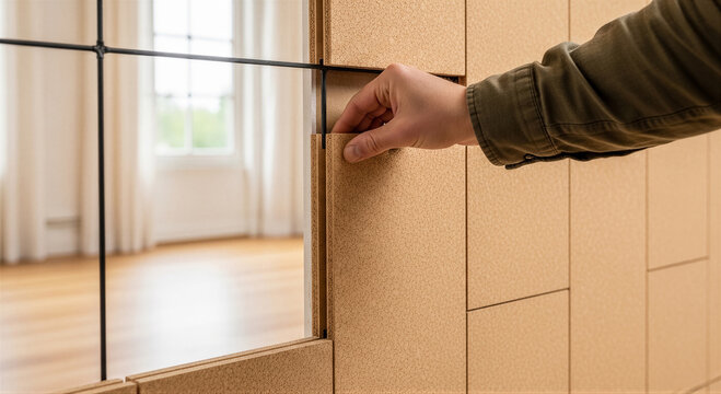 Hand installing sustainable cork wall tiles on a grid system in a modern interior, diy home improvement project
