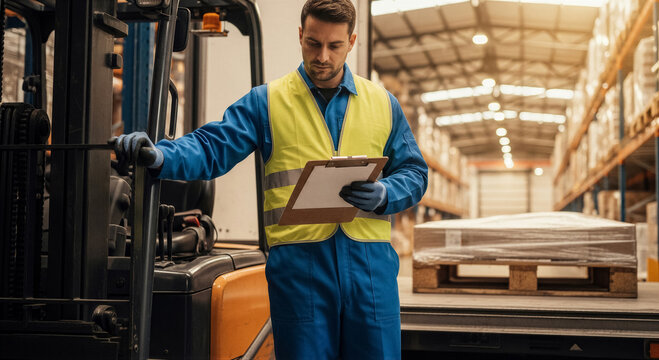 Male warehouse worker in safety vest and blue jumpsuit holding clipboard while standing next to forklift in distribution center