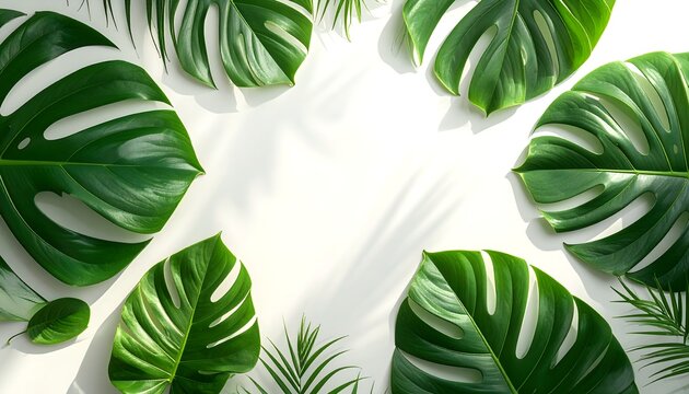 Tropical leaves flat lay with monstera on clean white background