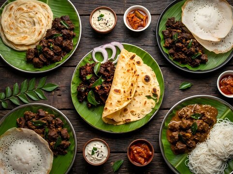 Colorful Traditional Indian Meal Served on Banana Leaf Plates on Rustic Wooden Table