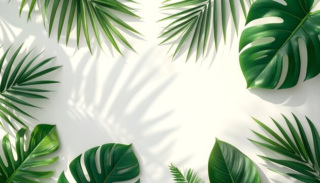 Tropical leaves flat lay with monstera on clean white background