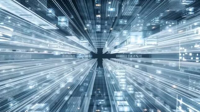 Dynamic motion blur of a modern urban environment with digital overlays, conveying technology, innovation, and fast-paced connectivity. Ideal for tech, business, finance, and futuristic marketing.
