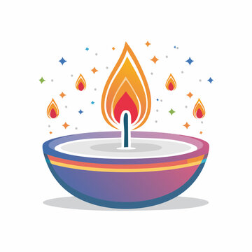Diya Lamp with Colorful Flames and Stars